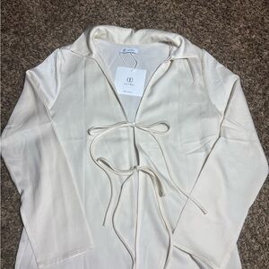 Cicy Bell Cream Long Sleeve Top Tie in Front Blouse